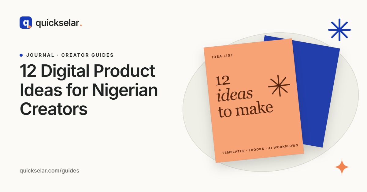 Quickselar Journal cover for Digital Product Ideas for Nigerian Creators, with an orange idea-list card