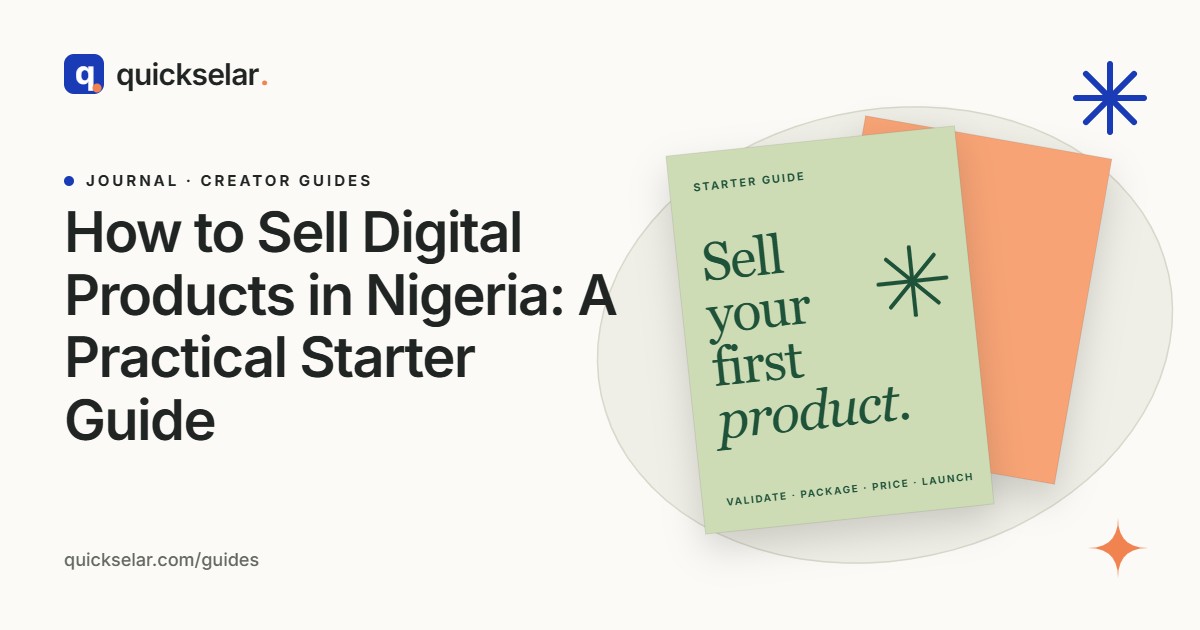 Quickselar Journal cover for How to Sell Digital Products in Nigeria, with a green starter-guide card